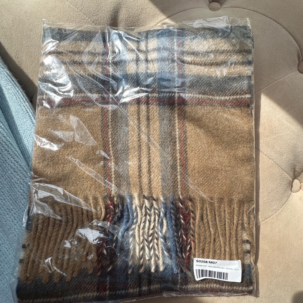 Merino Plaid Wool Scarf in Tan and Blue - Picture 4 of 4